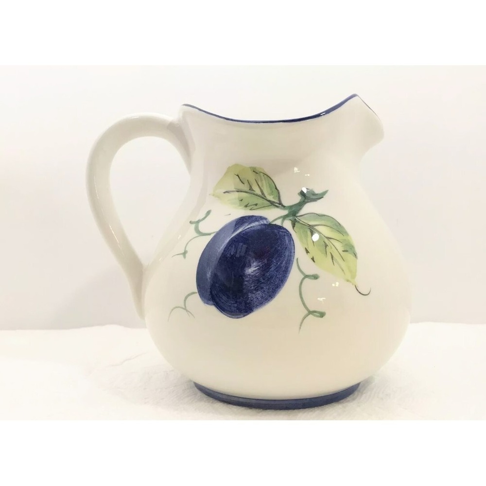 Italian Zanolli Hand Painted Vintage Pitcher Jug Purple Plums Scalloped 6" Italy